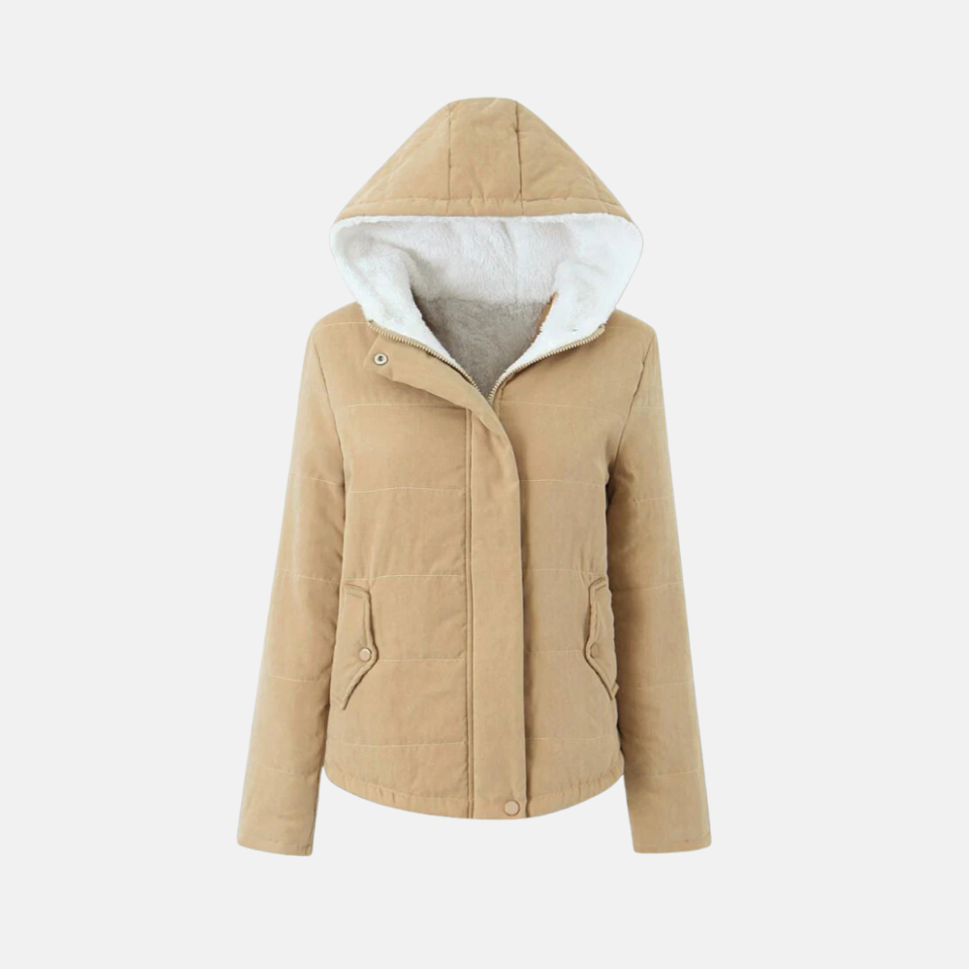 Women's blue quilted padded hooded jacket with fleece lining and snap closure for everyday warmth