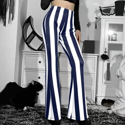 Women's high-waisted flared pants in vertical stripes, stretchable comfort-fit fabric for effortless style