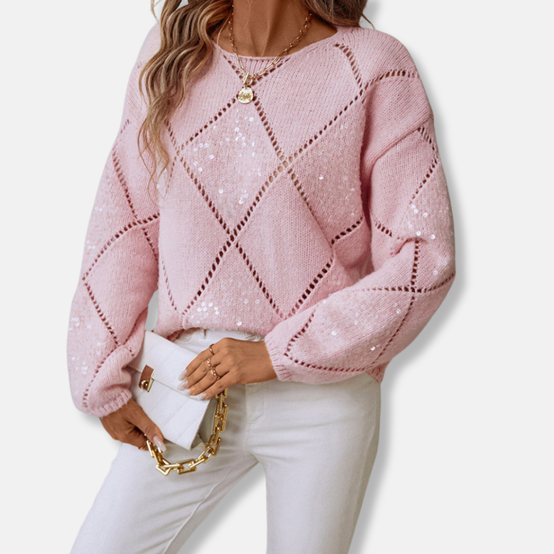 Women's relaxed fit knit sweatshirt with sequin long sleeves and diamond openwork pattern
