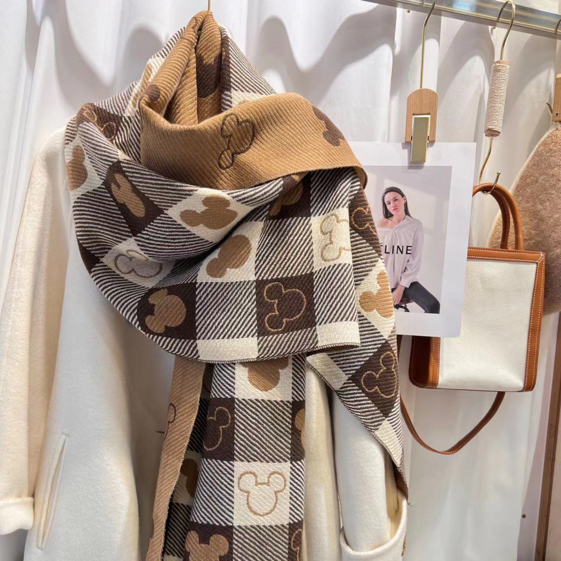 Cozy reversible plaid scarf with fringe tassels in warm tones, double-sided cold-weather accessory