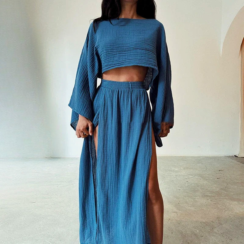 Montara cream linen two-piece set cropped top and slit midi skirt relaxed summer fit