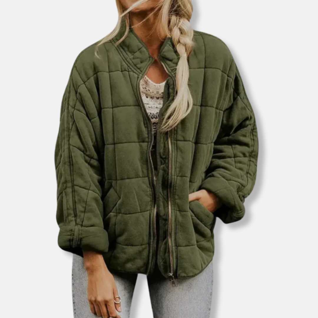 Women's oversized quilted coat relaxed fit stand collar full zip hip length cozy outerwear