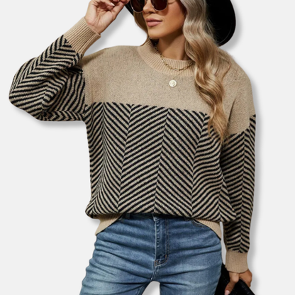 Women's chevron knit relaxed fit sweatshirt with ribbed crew neck and long sleeves for cozy comfort