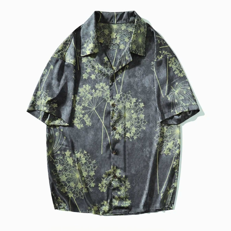 Men's rust brown satin floral print short sleeve shirt with relaxed fit for all body types