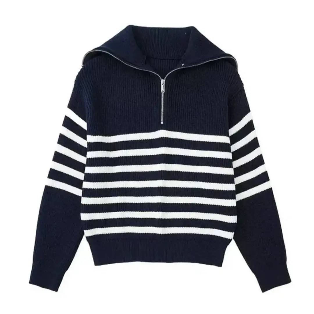 Navy and white striped zip-collar sweater with relaxed fit and nautical-inspired lightweight knit fabric