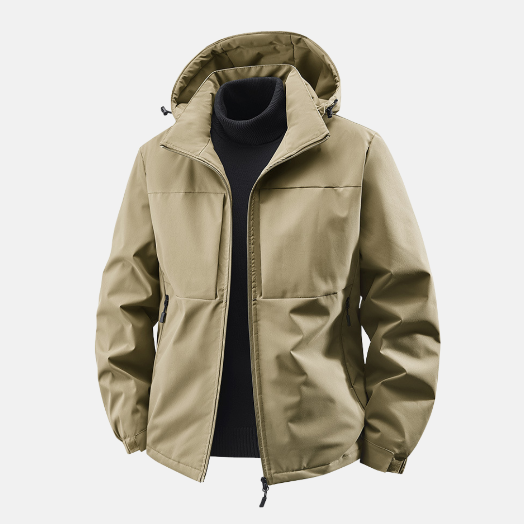 Men's water-resistant windproof hooded jacket relaxed fit with front pockets for outdoor adventures