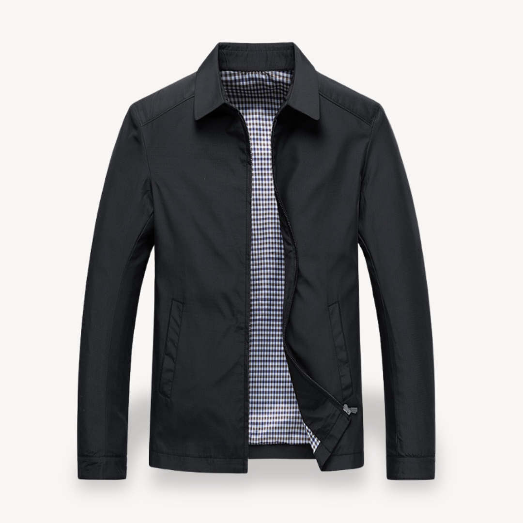 Men's lightweight navy jacket tailored fit shirt collar zipper closure breathable everyday layer