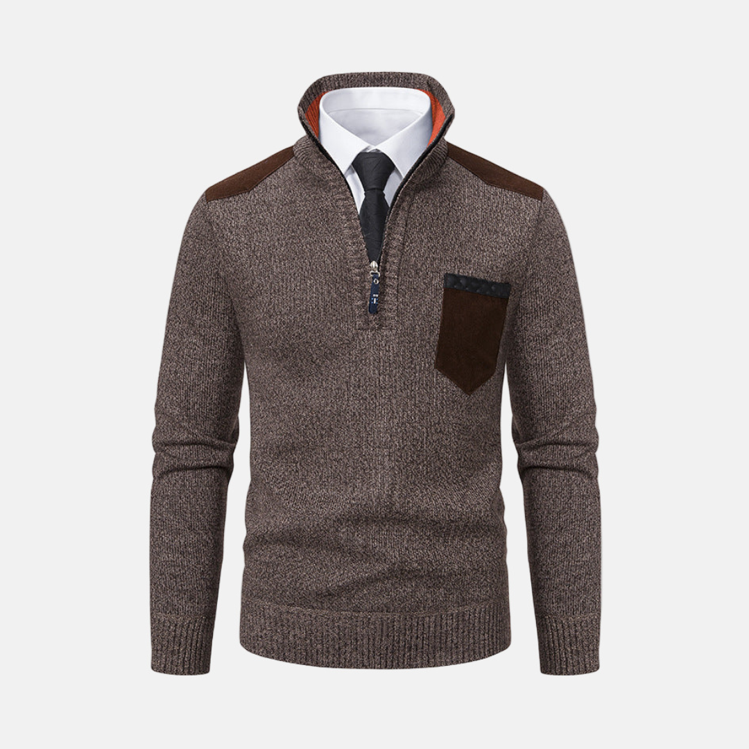 Men's gray knit blend quarter-zip pullover sweater with stand collar for smart casual wear