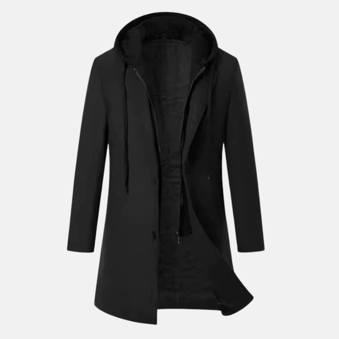 Men's charcoal wool blend overcoat tailored fit mid-length quilted lining removable hooded insert Wavlynn