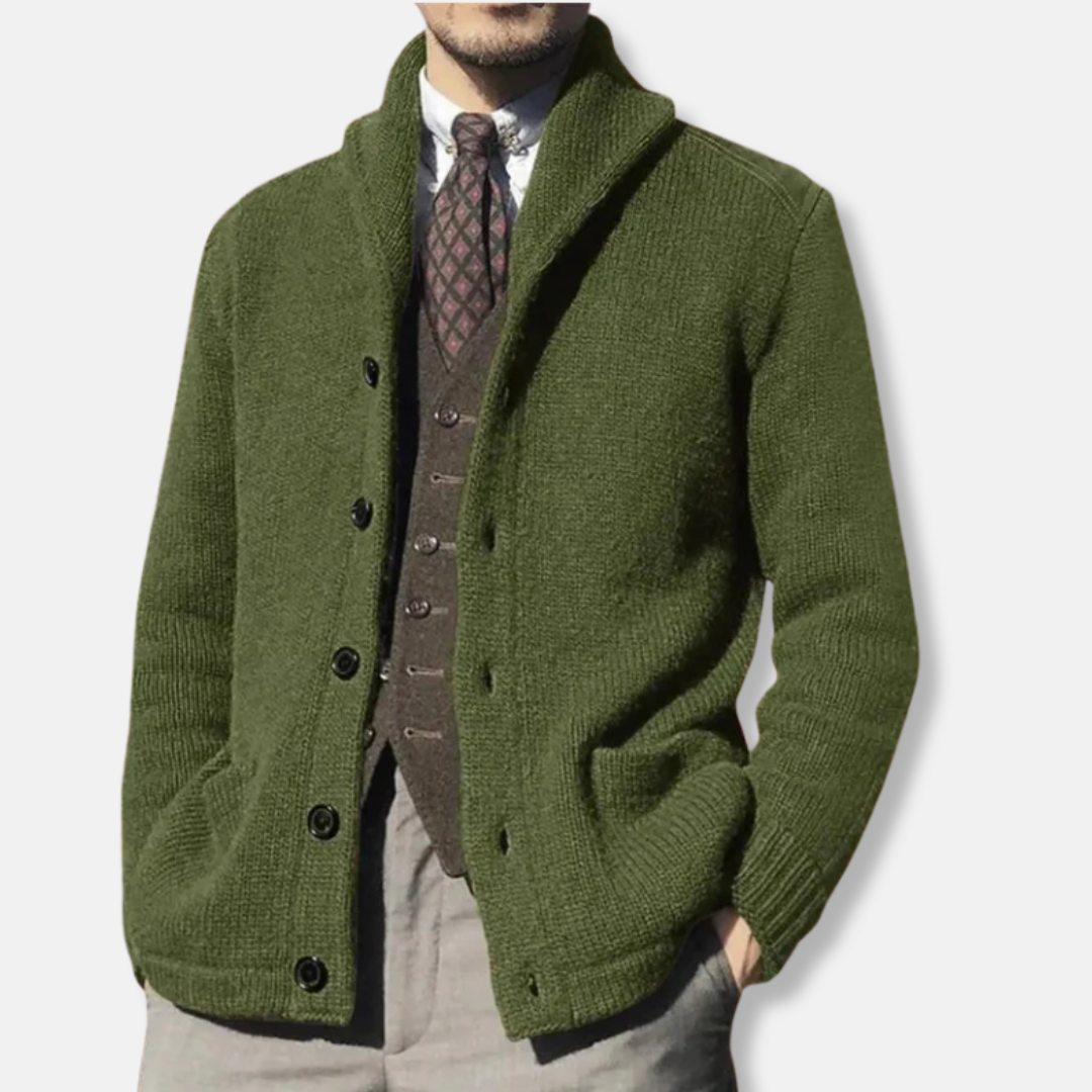 Men's wool knit cardigan regular fit shawl collar button-front with ribbed cuffs smart-casual style