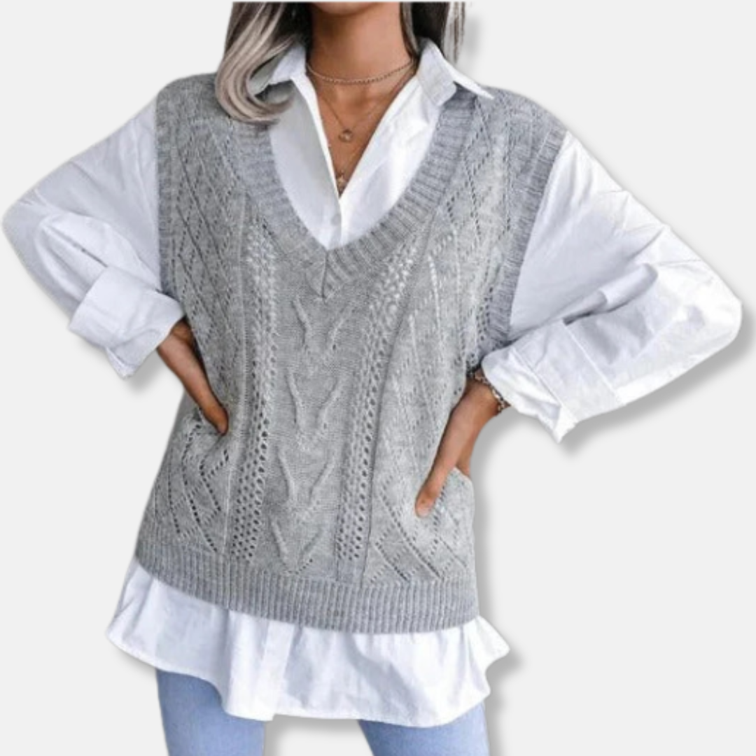 Women's cream cable knit vest, relaxed fit V-neck cotton blend for effortless casual layering
