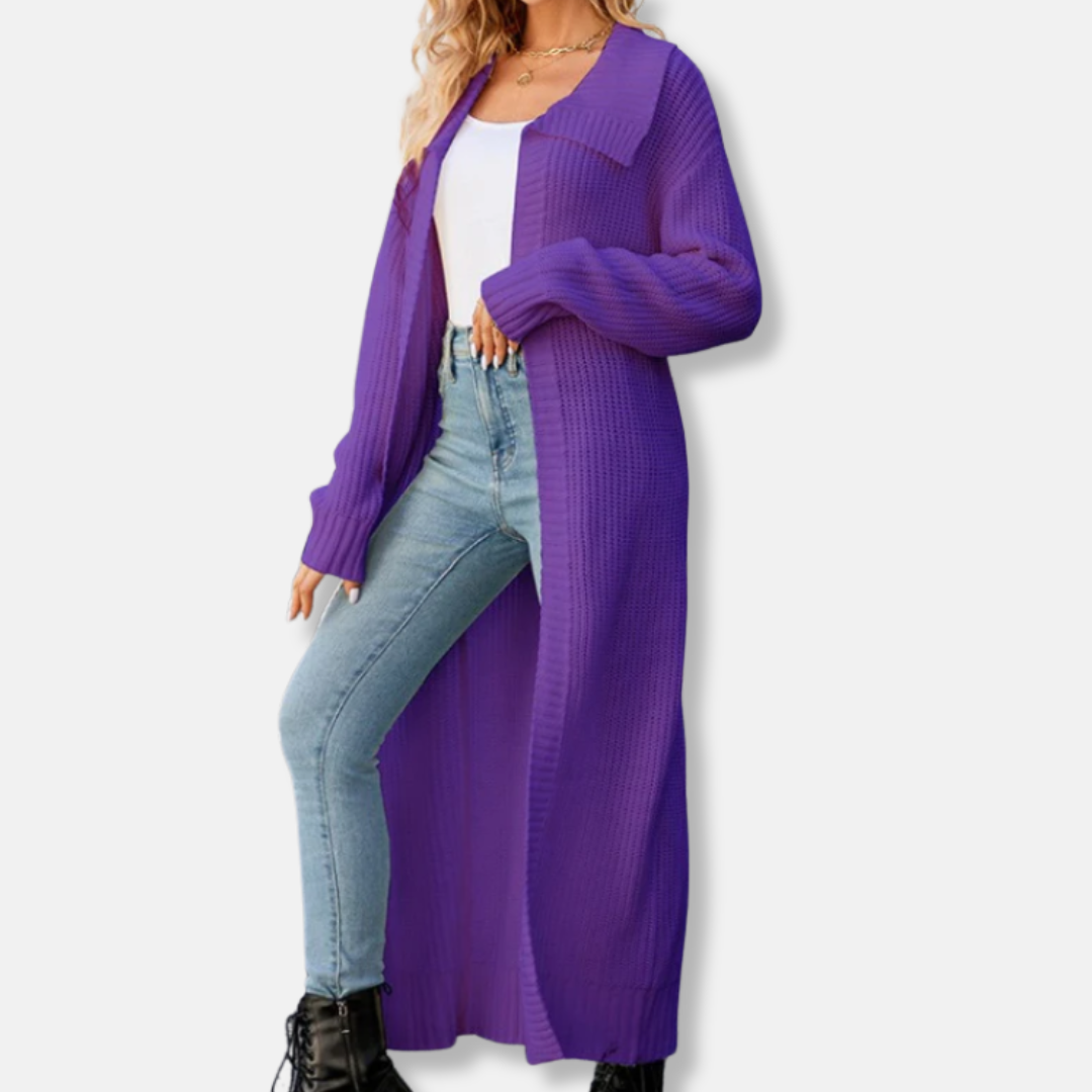 Women's wool knit maxi cardigan loose fit wide lapel long open-front layering sweater coat