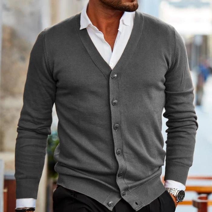 Men's Nordic knit cardigan sweater jacket in cozy fall tones with structured contemporary pattern