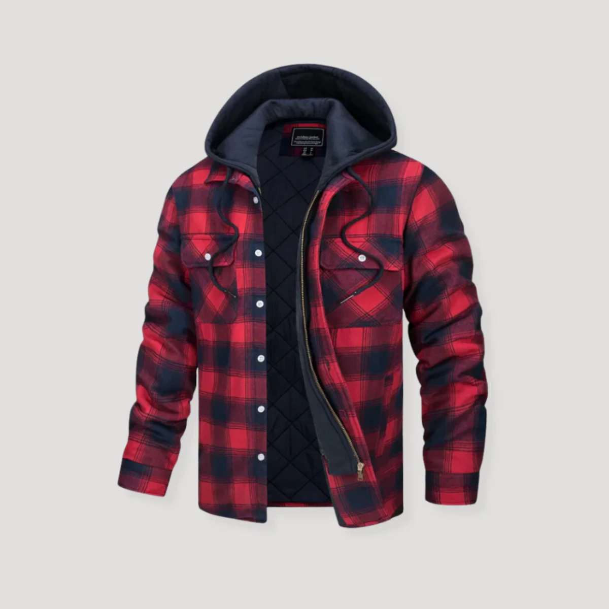 Men's plaid flannel hooded jacket in classic tartan pattern, rugged relaxed fit with cozy hood