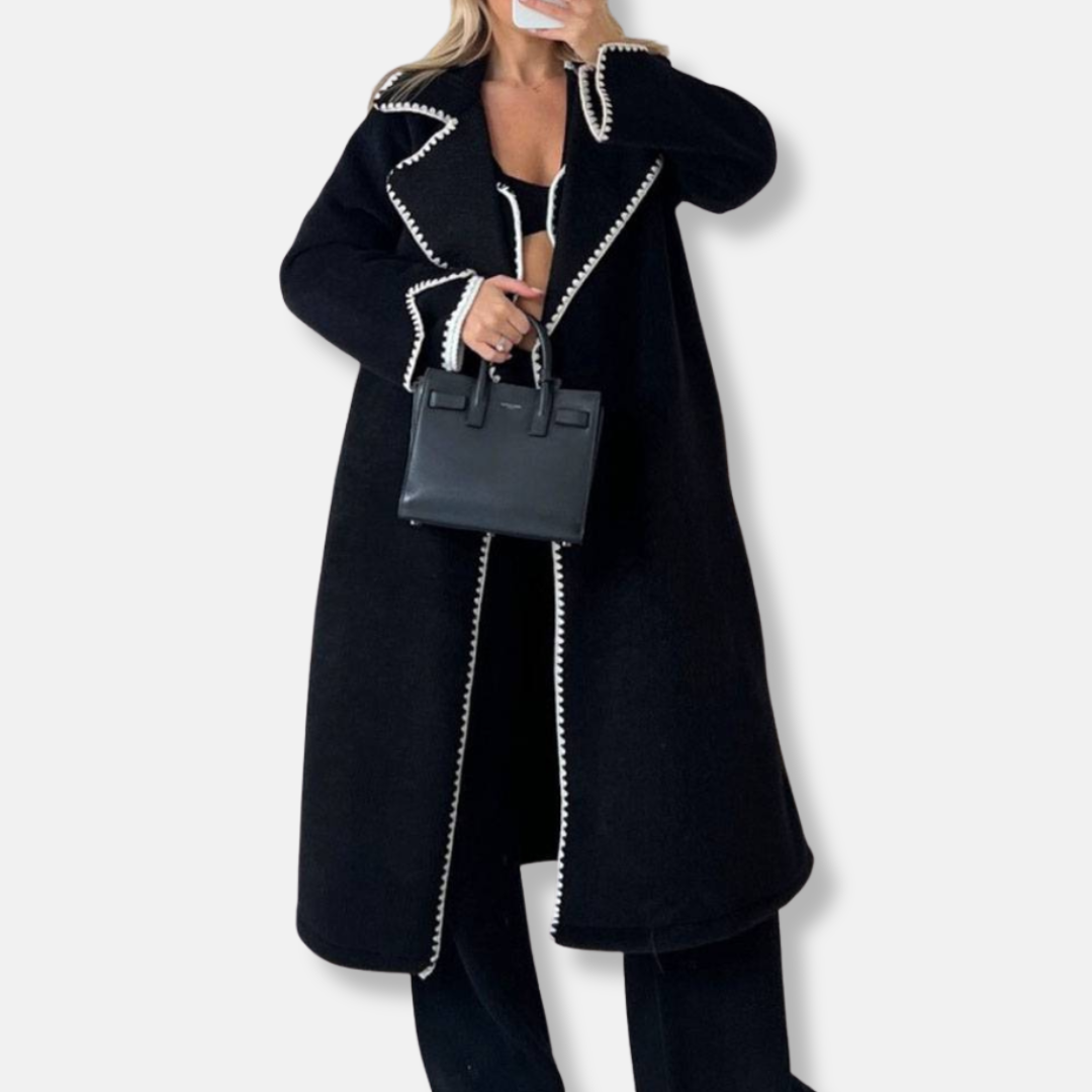 Women's wool maxi coat notched lapel loose fit warm timeless versatile work style