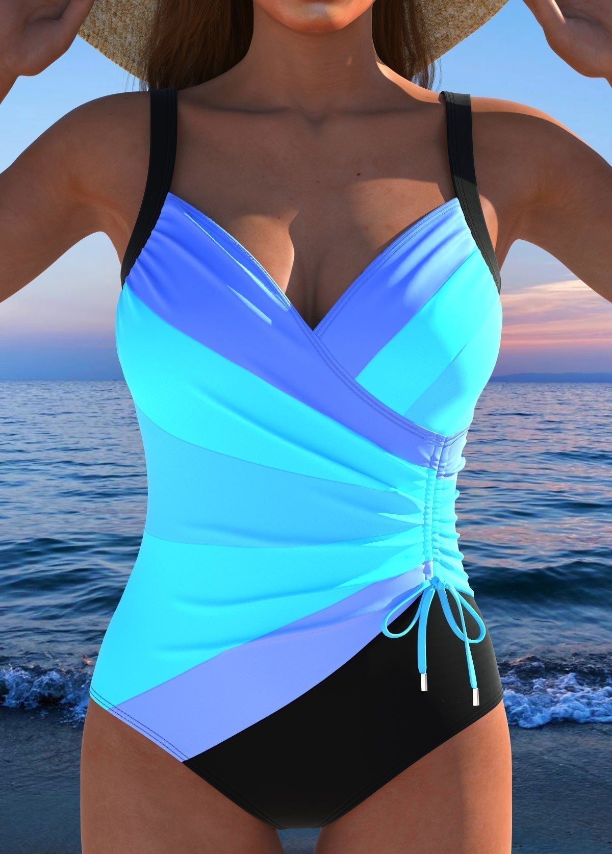 Women's tummy control surplice swimsuit with bold colorful print and slimming wrap neckline