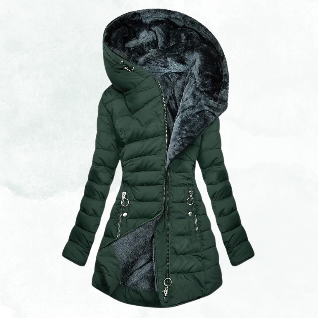 Women's faux-fur lined coat in elegant silhouette with plush interior lining for winter warmth