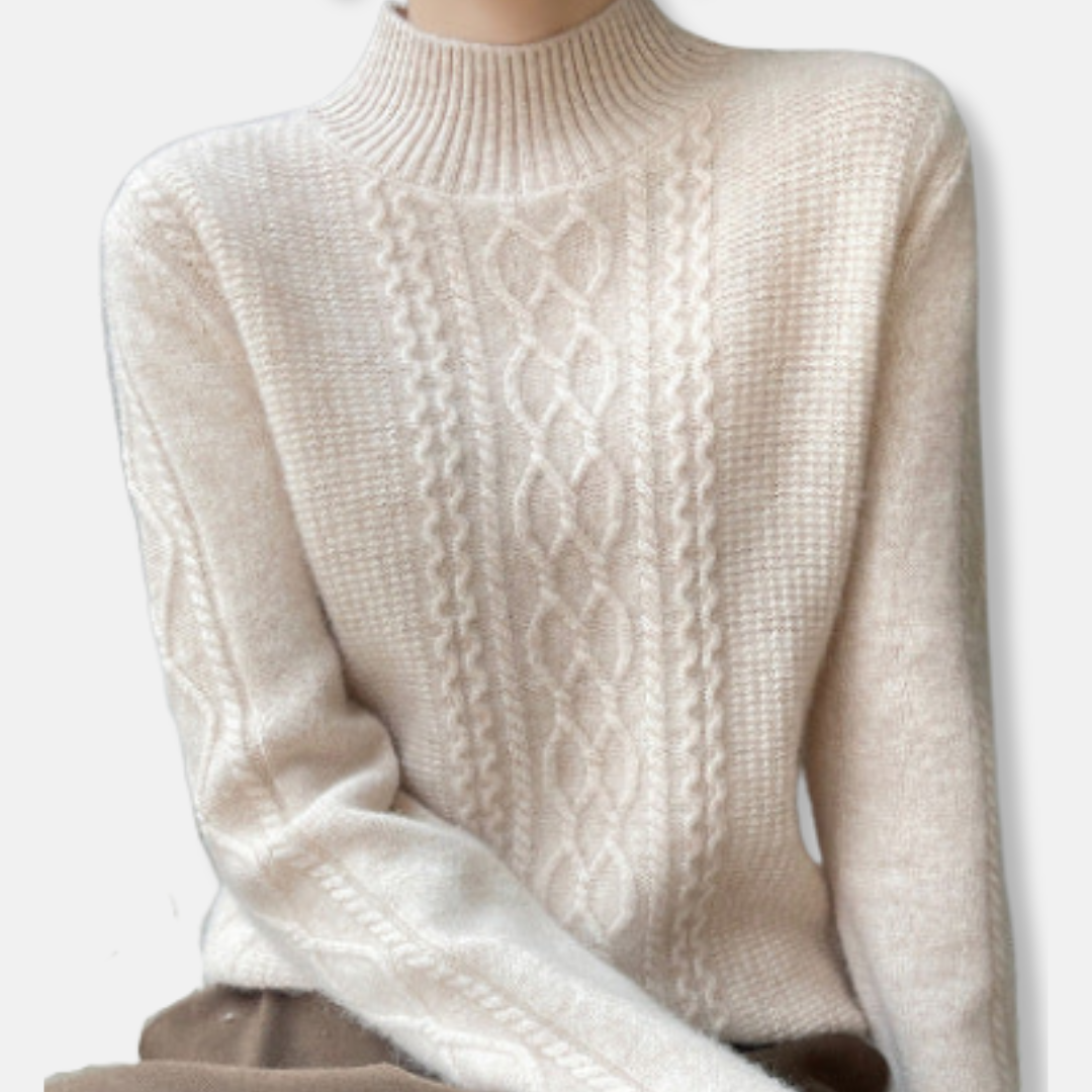 Women's soft-touch cable knit sweater mock neck relaxed fit in neutral tone for everyday elegance