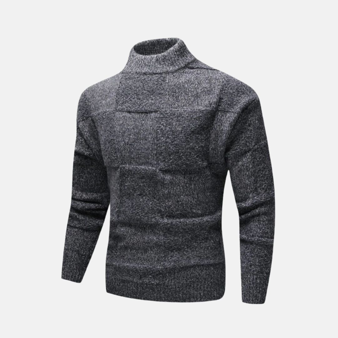 Men's slim fit mock neck sweater fine gauge knit checkerboard pattern classic fall knitwear