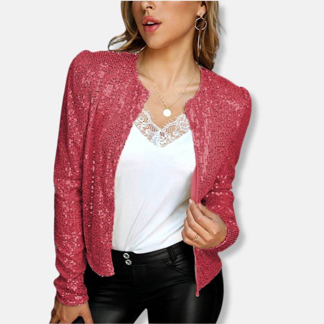Women's cropped blazer in silver sequin embellishment, long sleeve woven style with shimmering finish