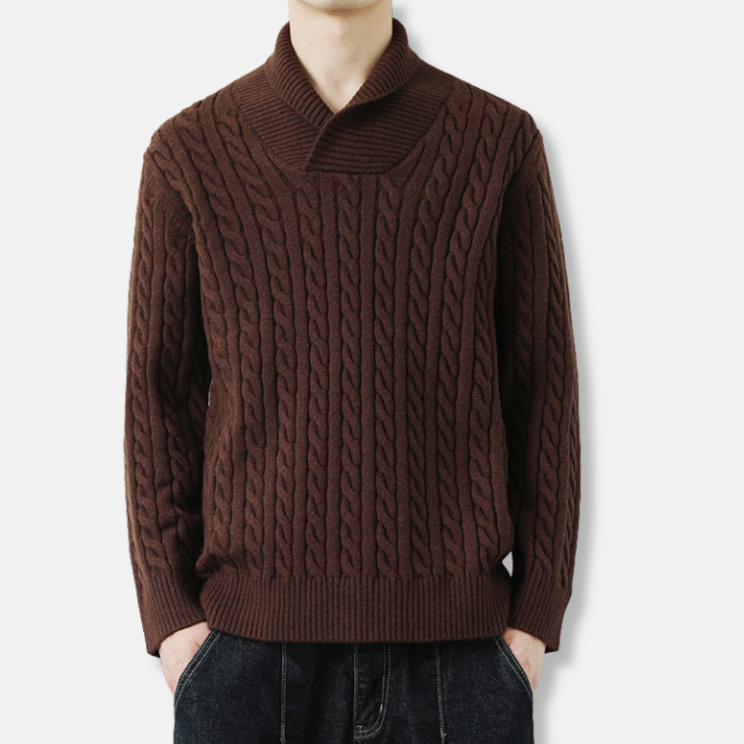 Men's cream cable knit shawl collar sweater relaxed fit with textured knit blend fabric