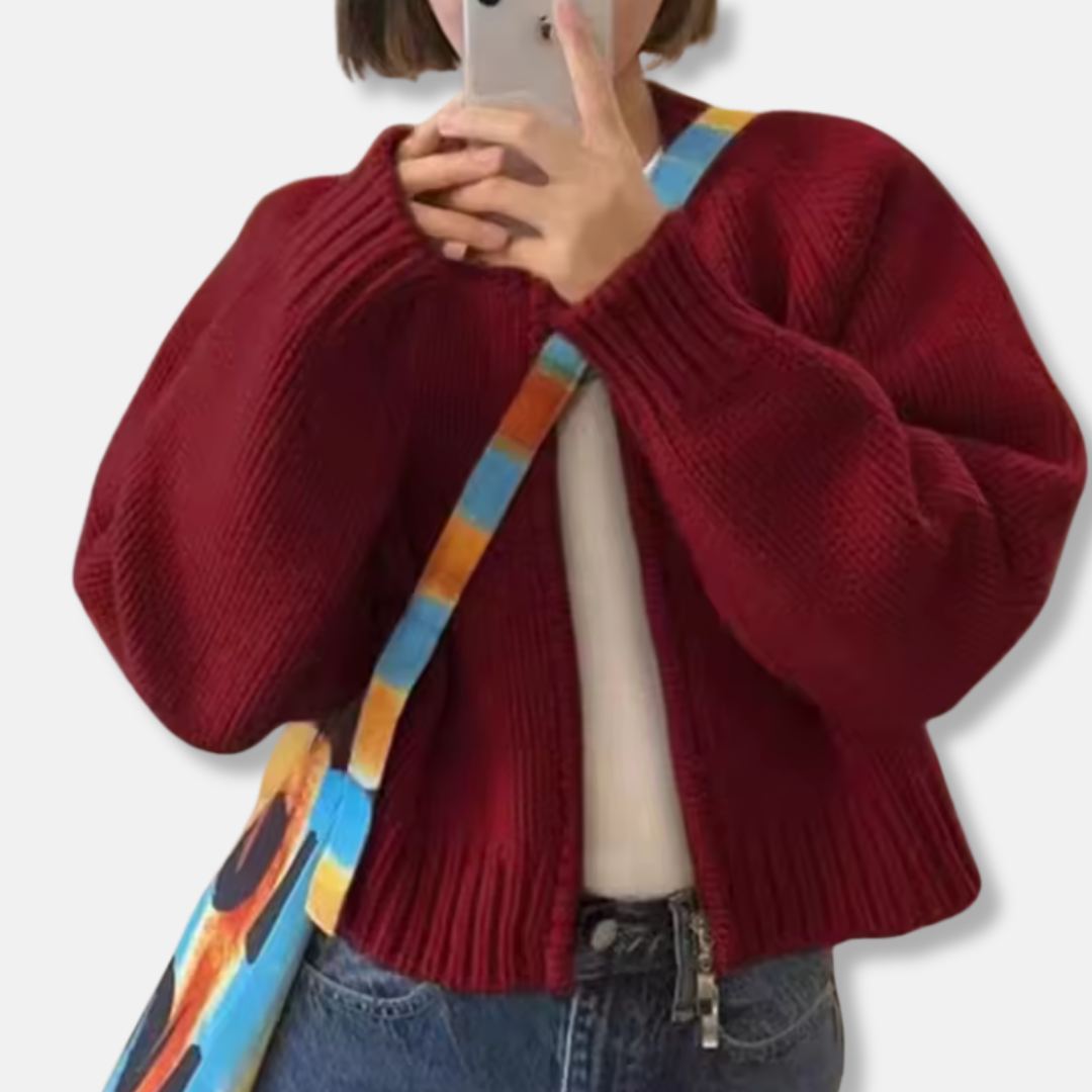 Women's wool knit cropped cardigan open-front relaxed fit layering essential in neutral tone