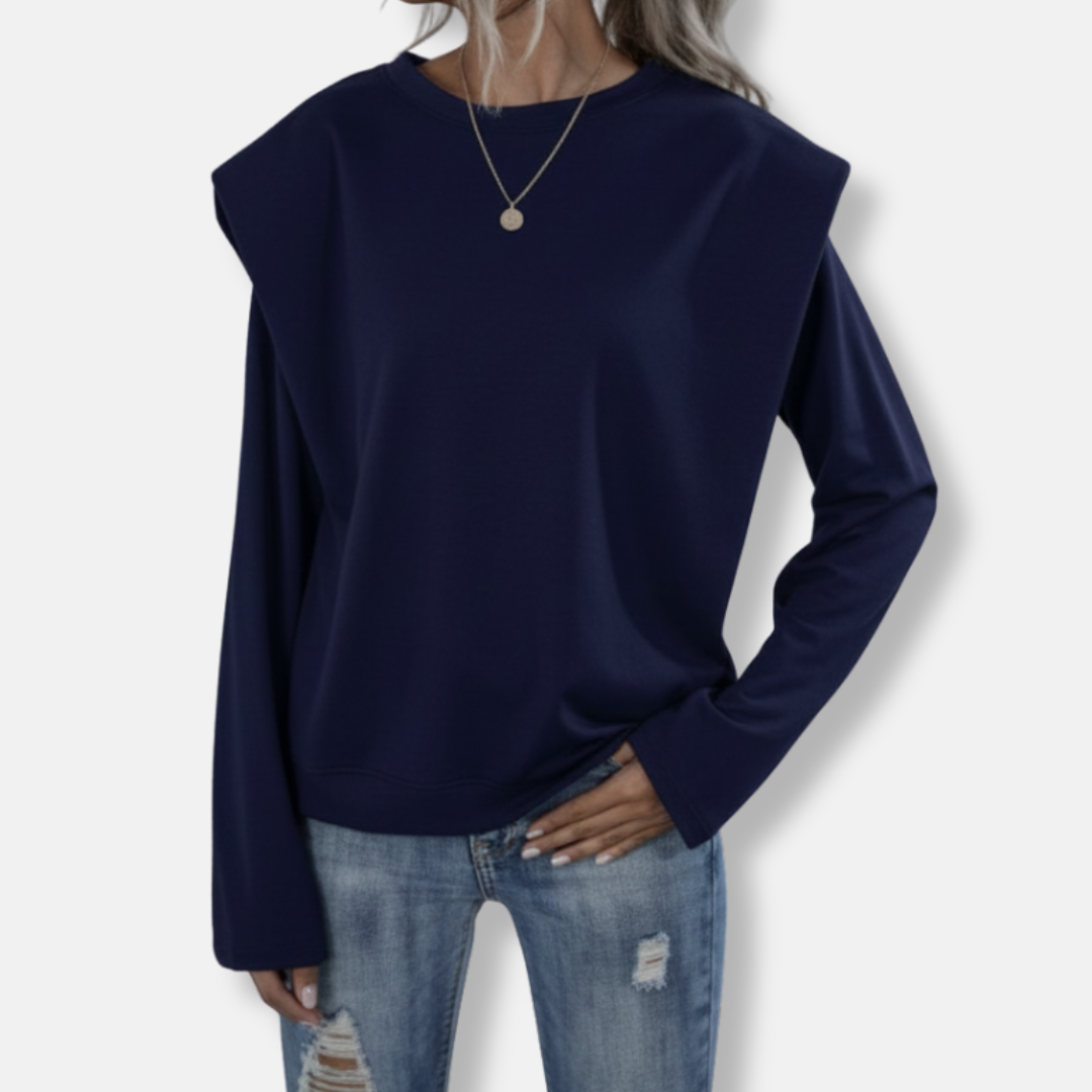 Women's relaxed fit crew neck sweatshirt soft knit fabric with subtle padded shoulders modern silhouette