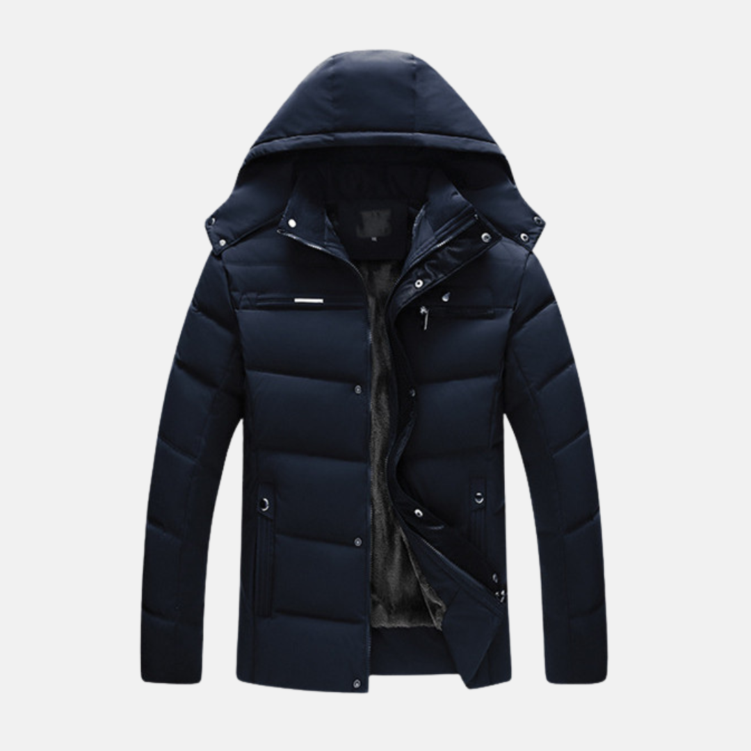Men's quilted padded coat water-resistant fleece hood snap-zip closure urban outdoor black