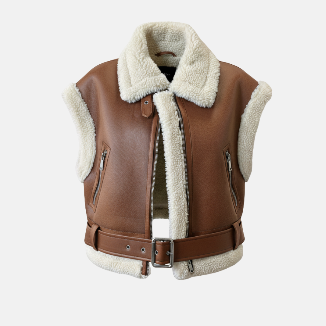 Women's faux leather sleeveless vest jacket with notched collar, belted waist, and shearling trim