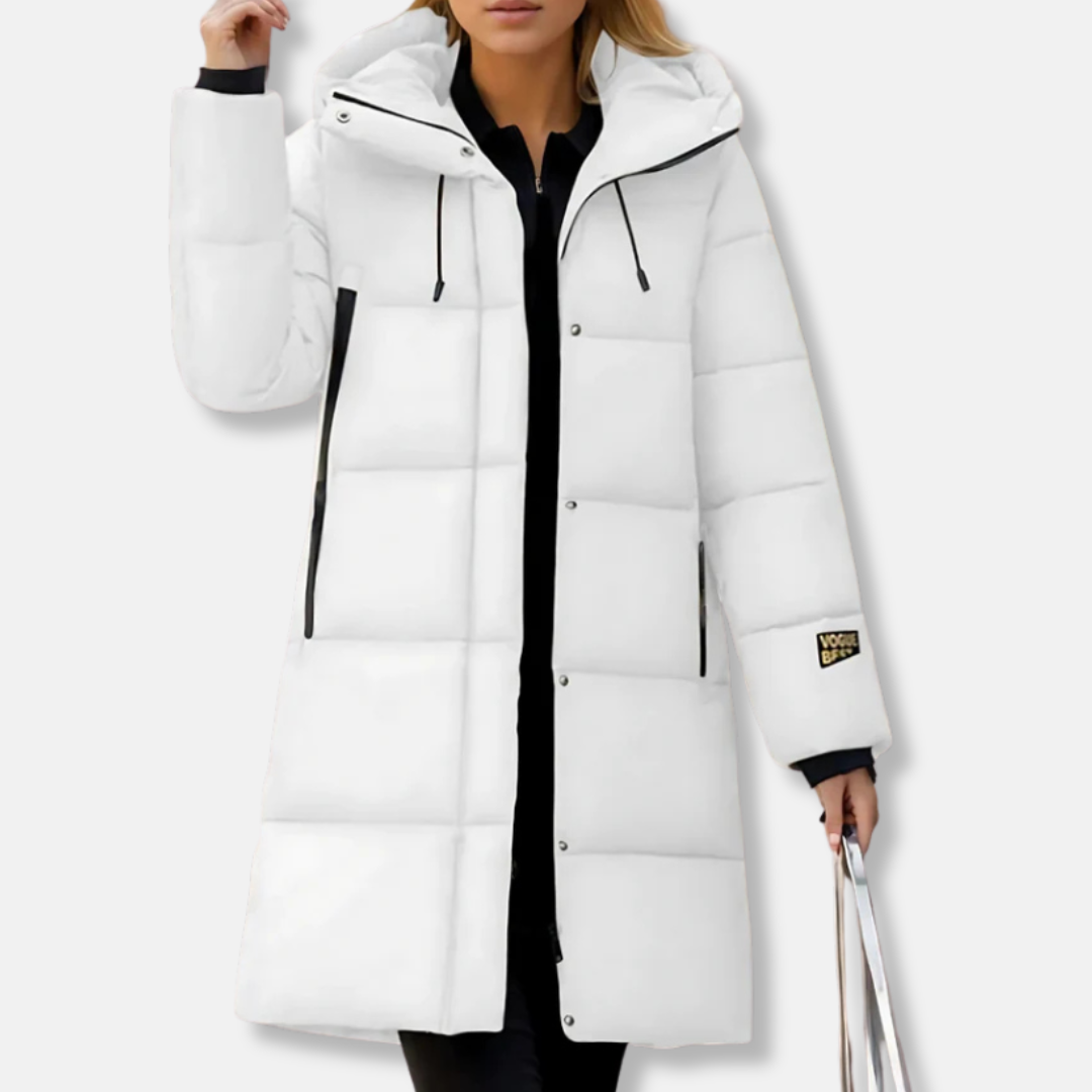Women's long black quilted puffer coat oversized fit with insulated shell and windproof hood