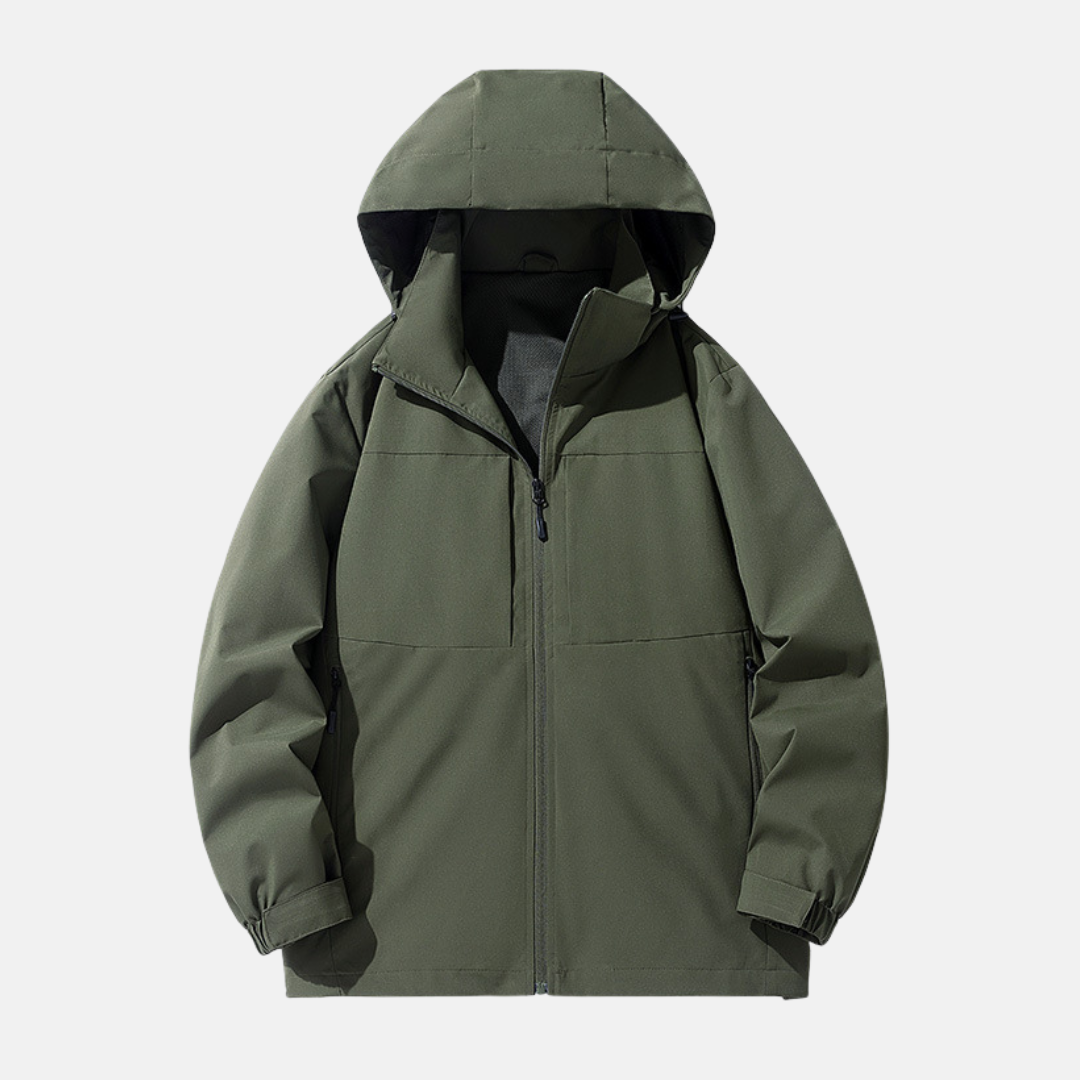 Men's relaxed-fit hooded jacket weather-resistant design with zipper pockets and adjustable cuffs