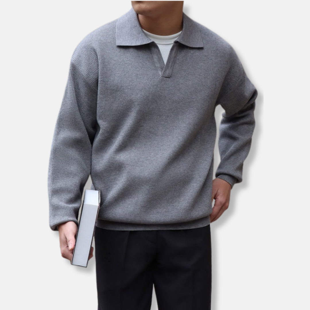Men's relaxed fit knit polo collar V-neck pullover sweater in soft cotton blend with ribbed cuffs