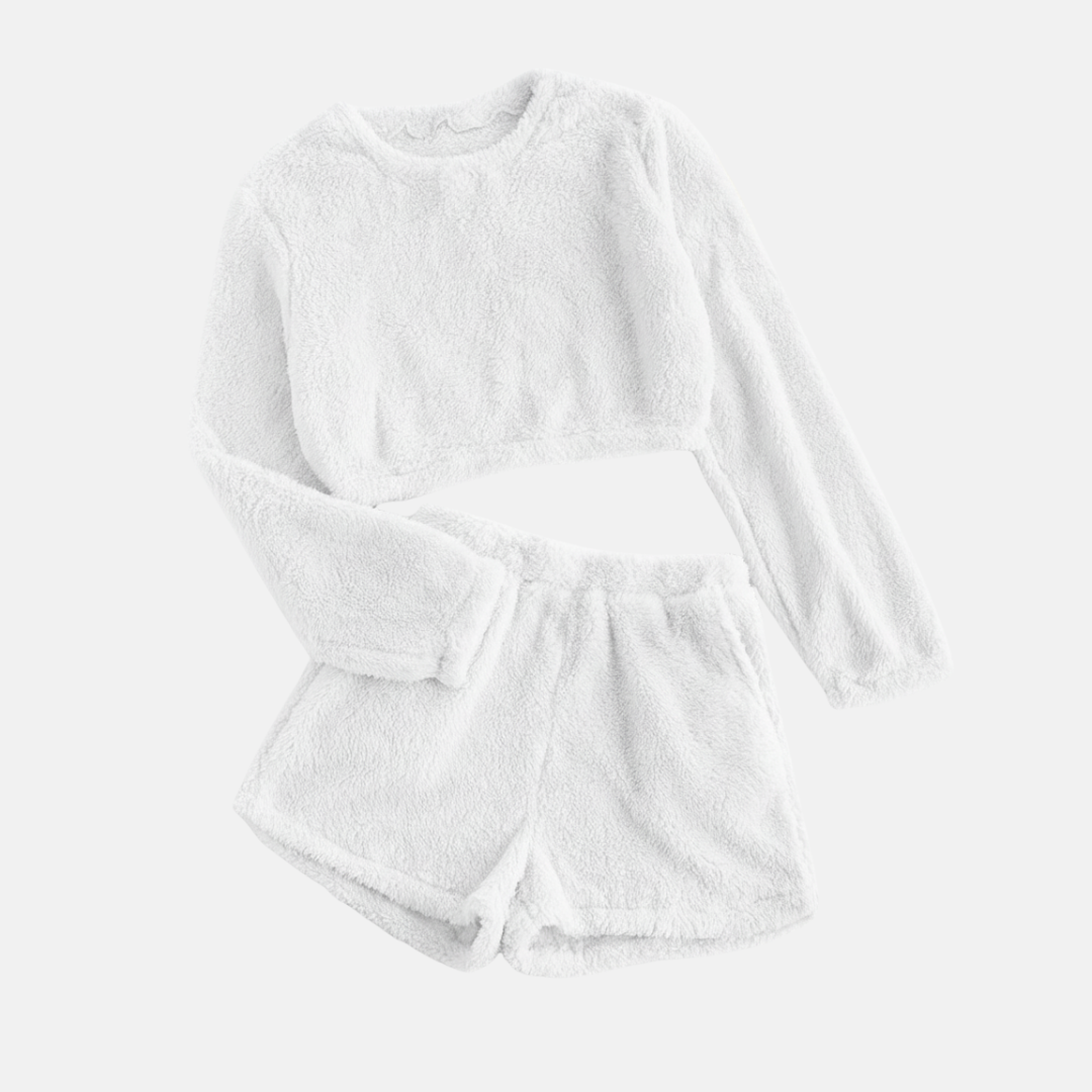 Women's textured plush loungewear set, cropped long-sleeve top and high-waisted shorts, cloud-soft cozy fit