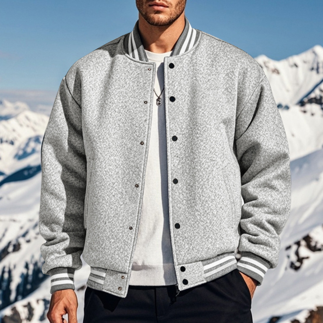 Men's black premium bomber jacket dense smooth fabric stand collar snap button closure