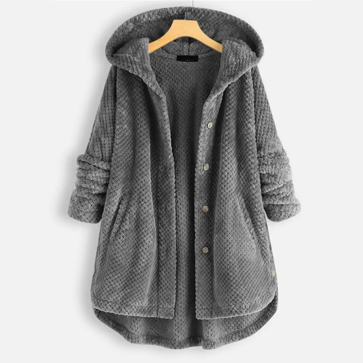 Oversized gray fleece hooded jacket with button-front closure and integrated pockets, Nordic style