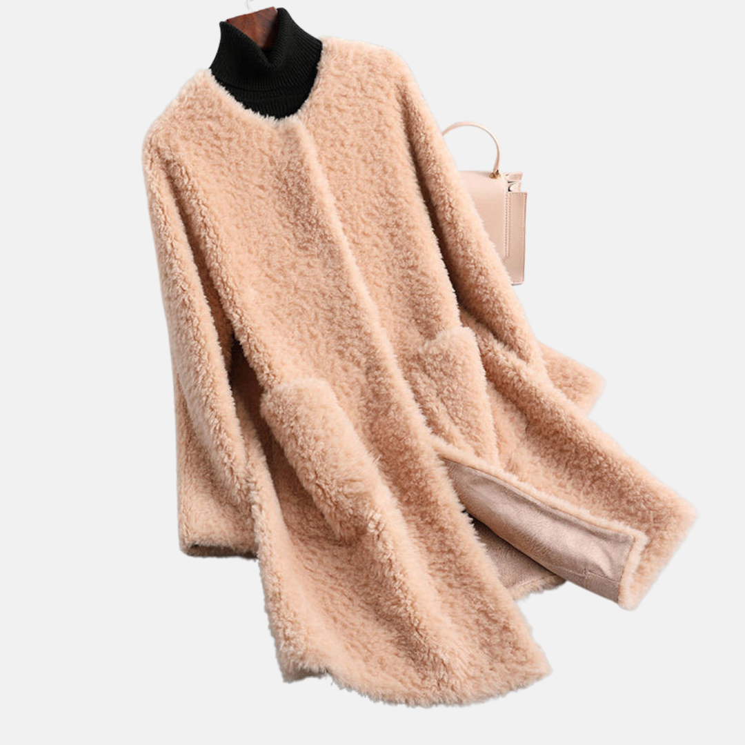 Women's open front faux fur coat mid-thigh length cozy chic winter essential in neutral tone