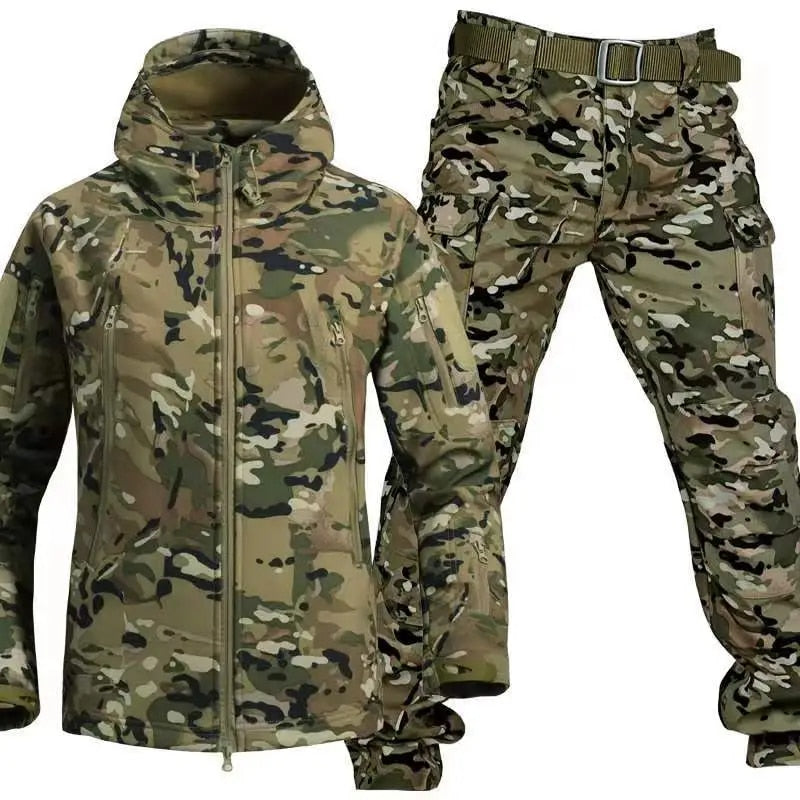 Men's gray softshell two-piece outdoor suit with windproof jacket, utility pockets, and adjustable fit