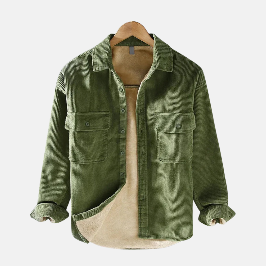 Men's brown corduroy relaxed fit jacket with button front closure and dual chest pockets
