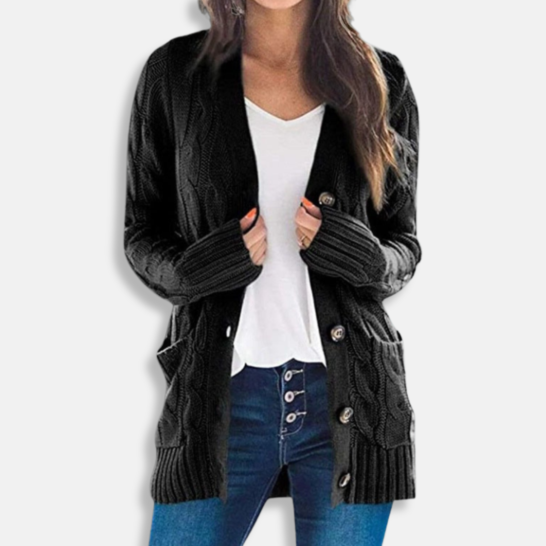Women's chunky cable knit cardigan sweater relaxed fit with button front and patch pockets