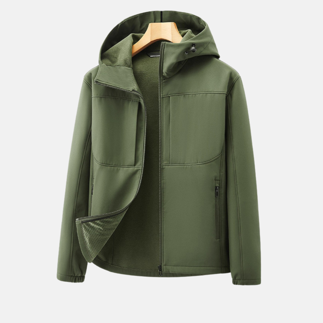 Men's black softshell jacket fleece-lined adjustable hood weatherproof zip pockets regular fit outdoor