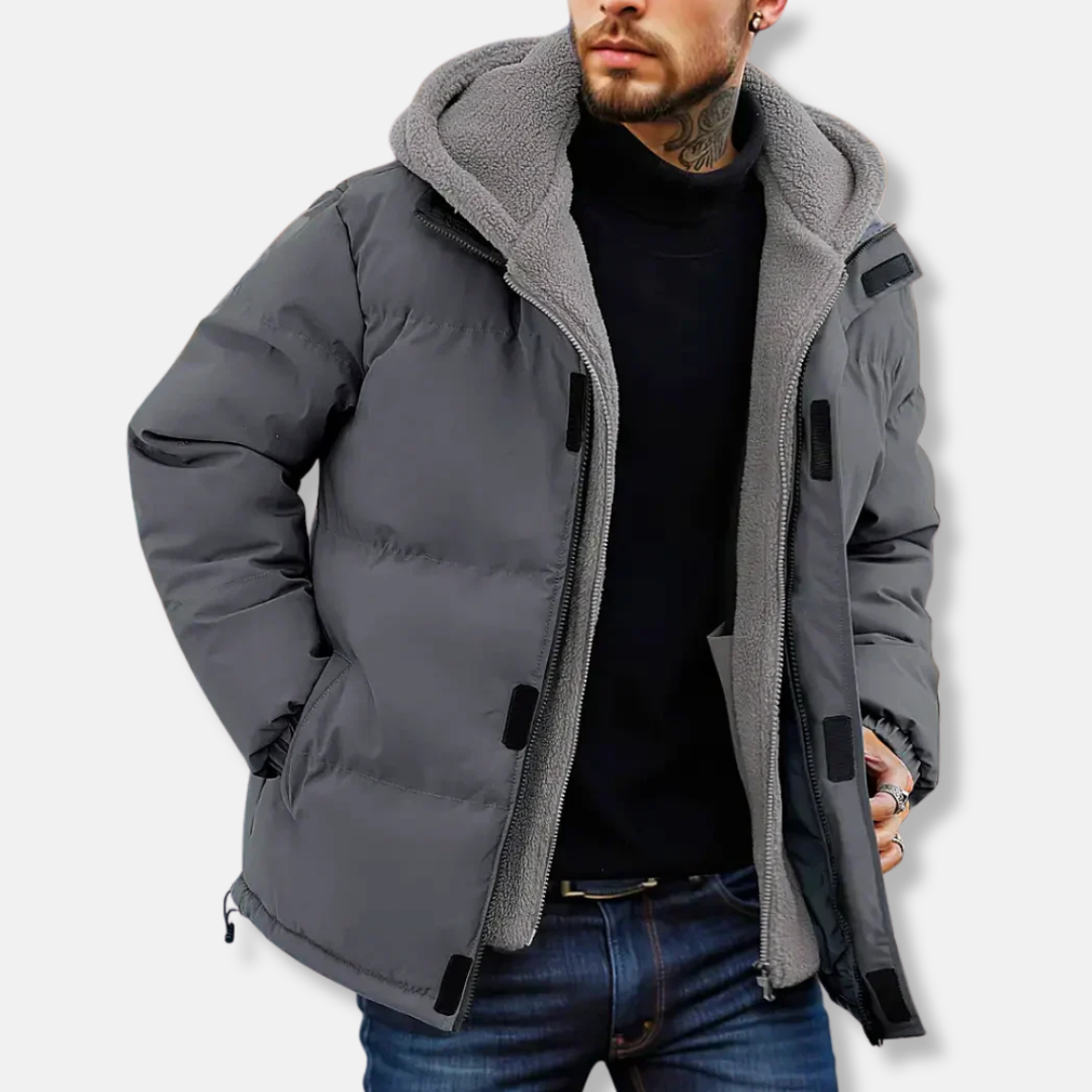 Men's navy quilted puffer jacket regular fit with fleece-lined hood and water-resistant finish