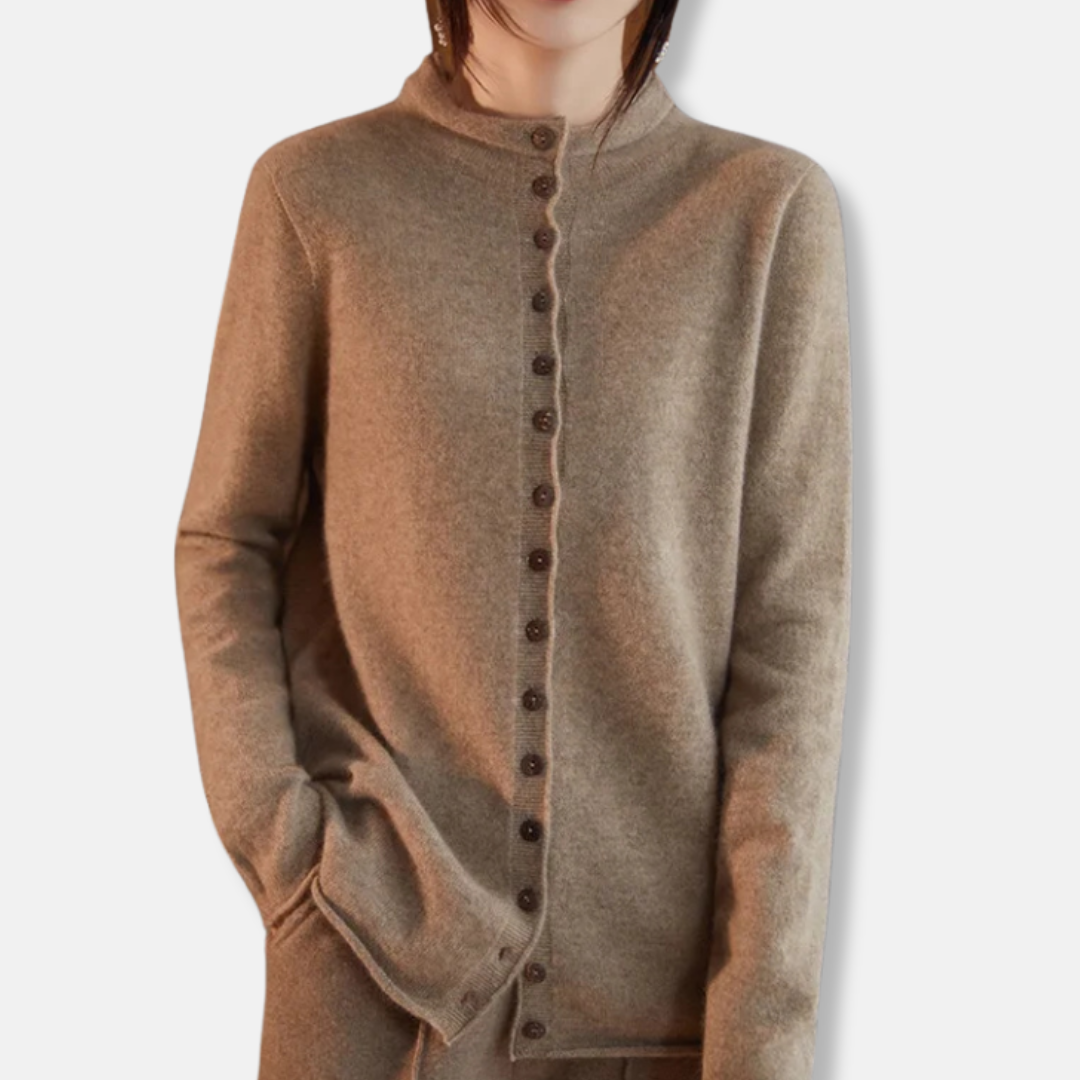 Women's wool knit cardigan sweater, relaxed tailored fit, button front spread collar, cozy style
