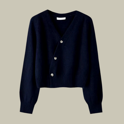 Women's merino wool V-neck cardigan cross-button wrap design asymmetrical silhouette elegant knit