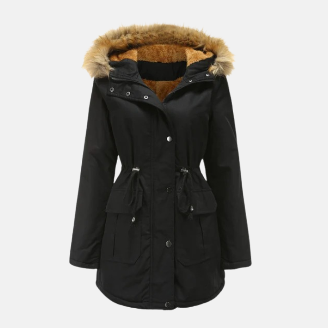 Women's mid-thigh PU leather parka jacket with fleece lining, faux fur hood, and adjustable waist