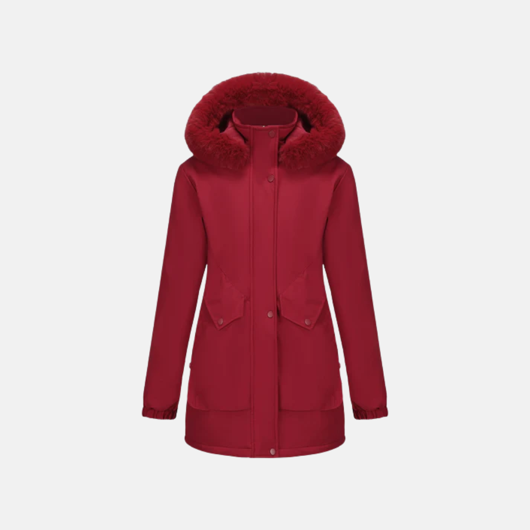 Women's mid-length parka jacket with faux fur hood, adjustable waist, and snap closure