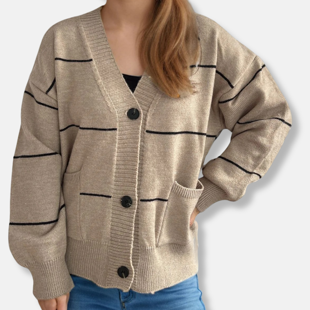 Women's loose fit V-neck cardigan medium-weight knit hip length long sleeve versatile layering piece