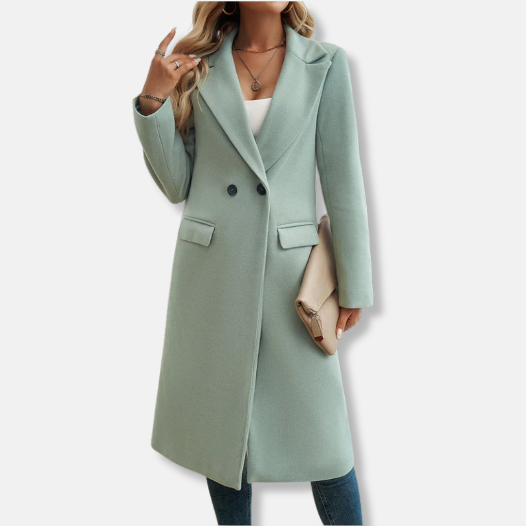 Women's camel wool blend long coat double breasted notched lapel relaxed fit workwear