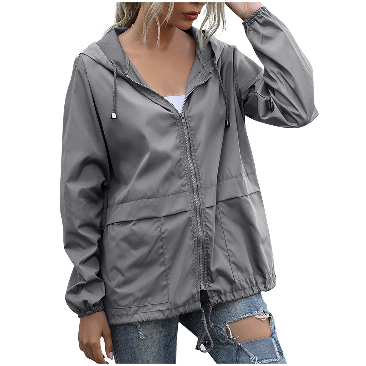 Women's lightweight hooded windbreaker jacket with adjustable drawstring waist, relaxed casual fit