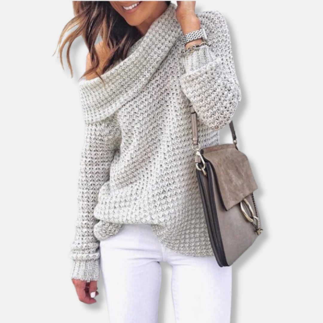 Women's oversized knit sweater with off-shoulder draped neckline, relaxed silhouette for effortless elegance