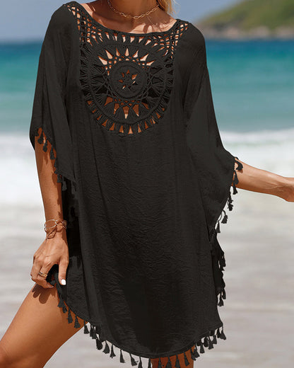 White boho beach cover-up dress with crochet-inspired detailing, lightweight flowy fit for women
